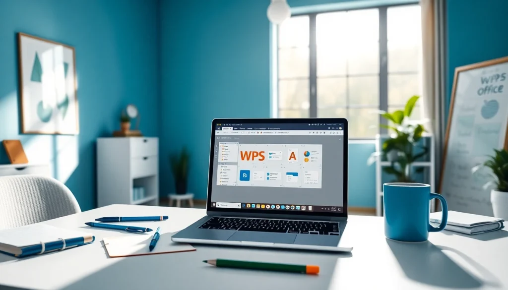 Efficient workspace showcasing WPS下载 on a modern laptop in a bright office setting.