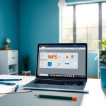 Efficient workspace showcasing WPS下载 on a modern laptop in a bright office setting.