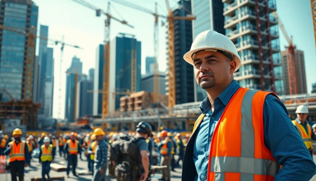 New York City General Contractor managing a busy construction site amidst modern skyscrapers.