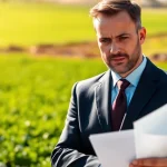 Engaged agriculture lawyer discussing legal matters amidst a picturesque farm landscape
