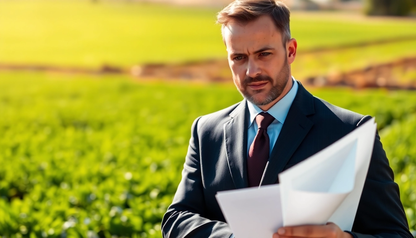 Engaged agriculture lawyer discussing legal matters amidst a picturesque farm landscape