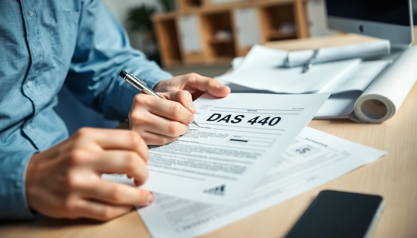 Contractor completing the DAS 140 form in a professional office setup.