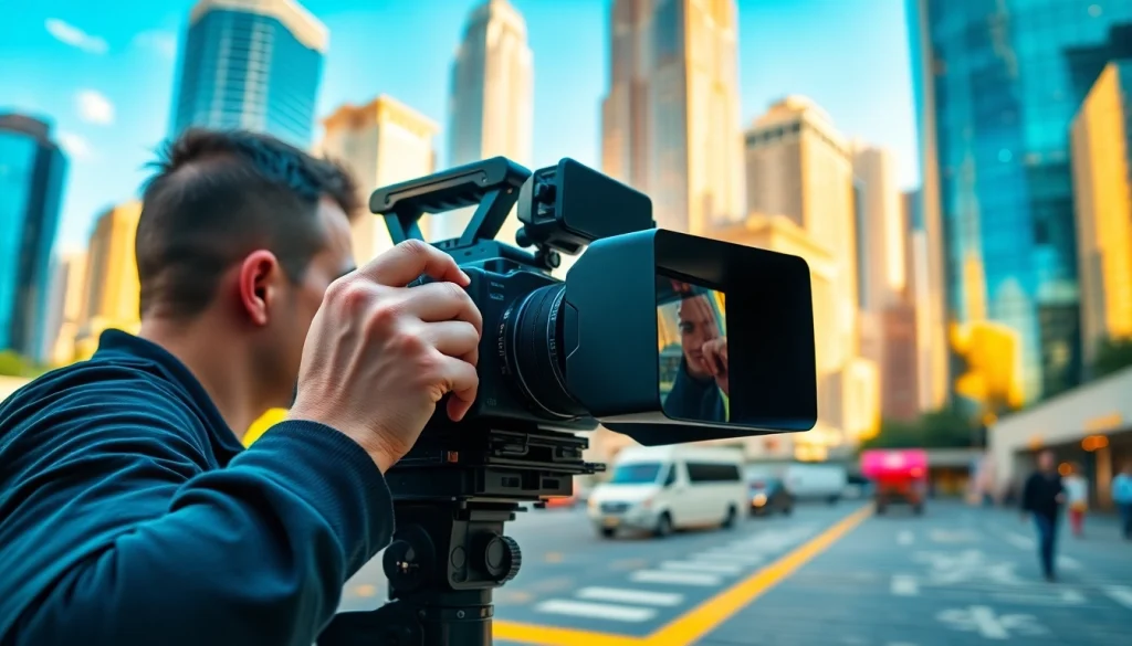 Videographer adjusting camera settings against a vibrant city skyline.