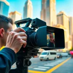 Videographer adjusting camera settings against a vibrant city skyline.