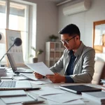 Engaging professional providing resume advice with illustrative elements in a bright office.