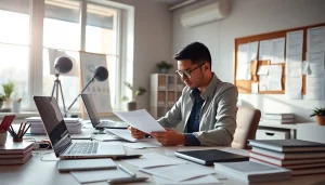 Engaging professional providing resume advice with illustrative elements in a bright office.