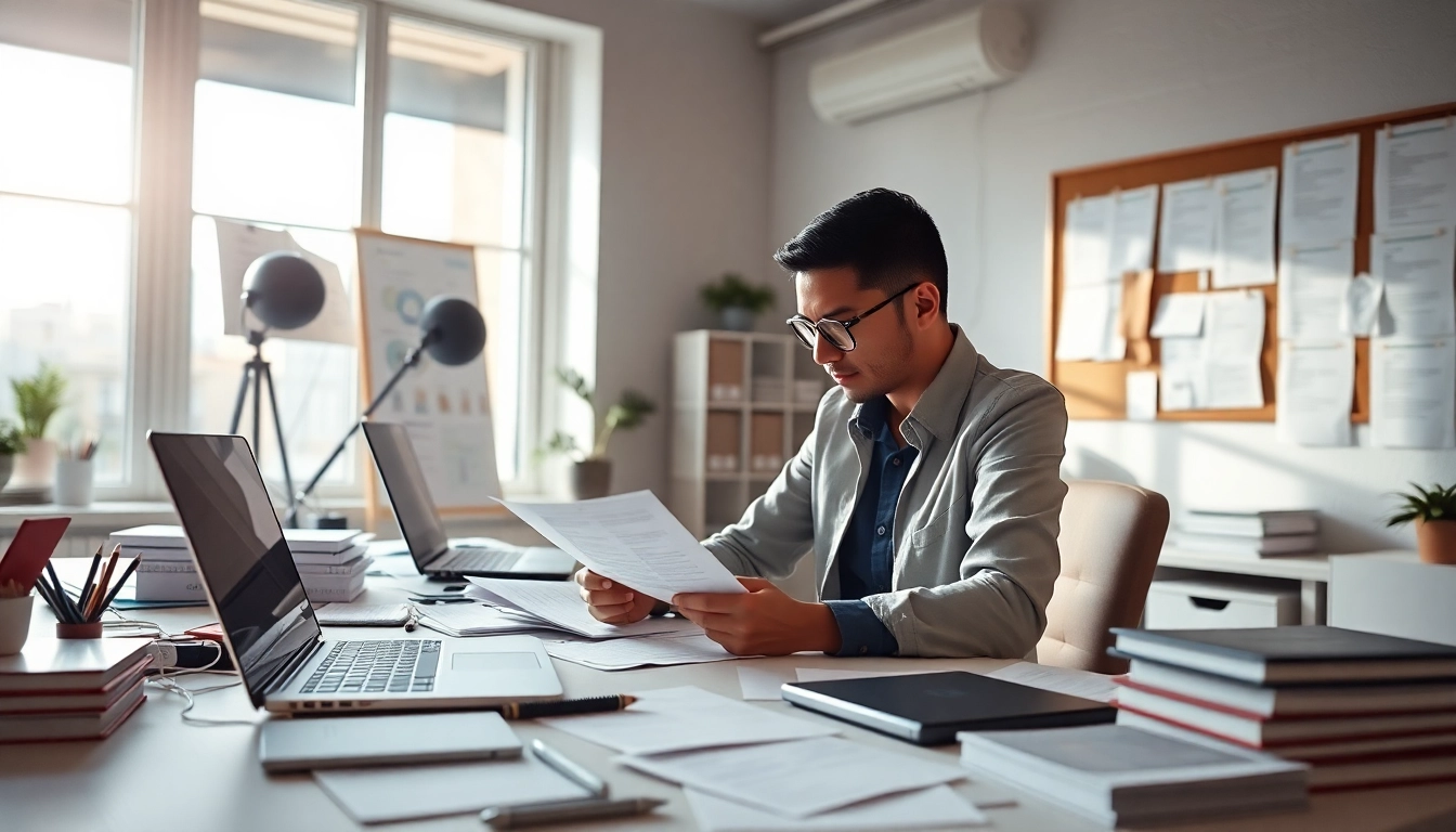 Engaging professional providing resume advice with illustrative elements in a bright office.