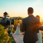 Videographer capturing a wedding ceremony in a lush outdoor setting at sunset.