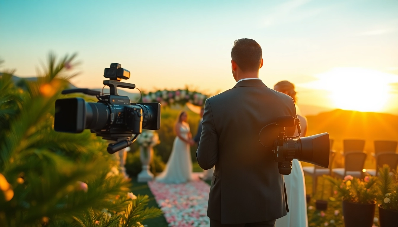 Videographer capturing a wedding ceremony in a lush outdoor setting at sunset.