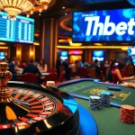 Experience the thrill of Tha bet in a luxurious casino setting with poker chips and a spinning roulette wheel.