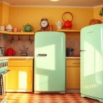 Showcase of retro appliances in a stylish kitchen, featuring a mint green vintage refrigerator and oven.