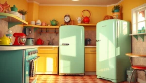 Showcase of retro appliances in a stylish kitchen, featuring a mint green vintage refrigerator and oven.