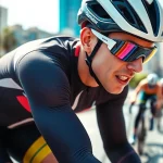 Cyclist competing at high speed in a race, showcasing das 140 in action.