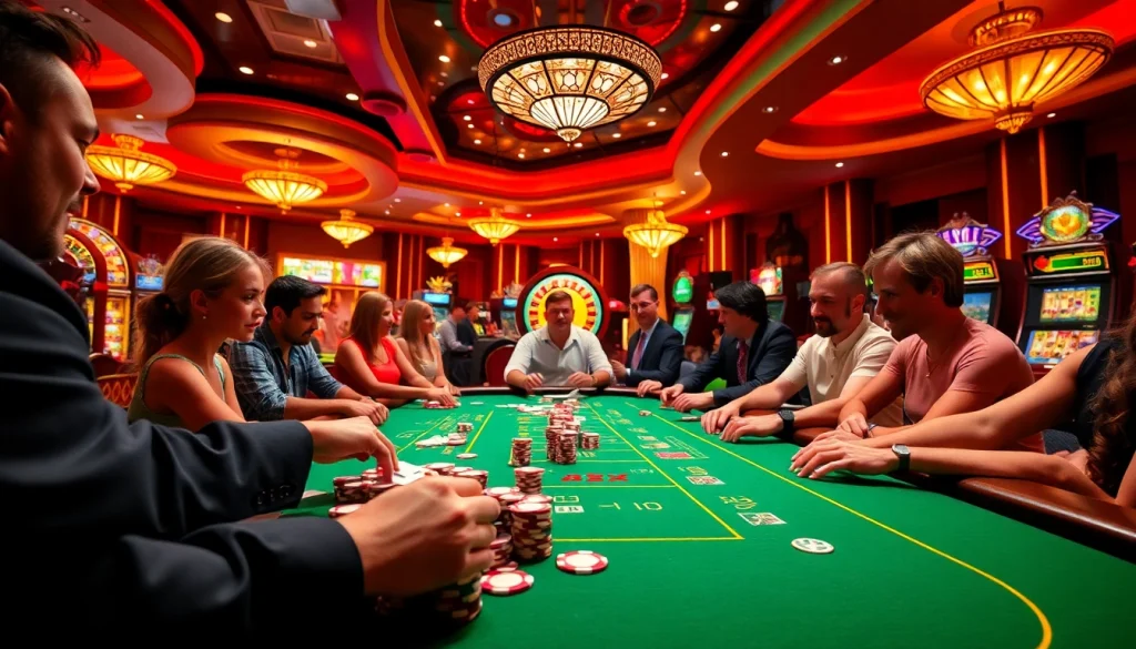 Người chơi thao tác với ứng dụng Bet VIP tại bàn casino sống động đầy phấn khích.