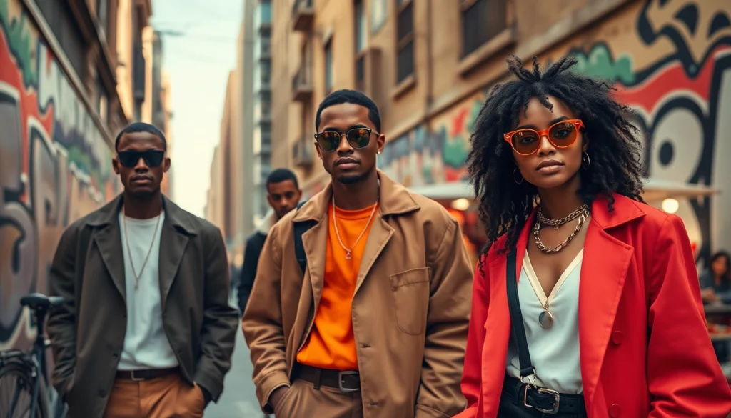 Models showcasing affordable luxury streetwear in an urban setting with vibrant graffiti and stylish accessories.
