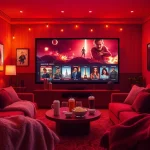 Enjoy a cozy movie night with filmes online gratis displayed on a large screen.