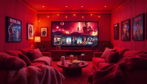 Enjoy a cozy movie night with filmes online gratis displayed on a large screen.
