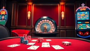 12bet poker table showcasing cards and chips in a luxurious casino atmosphere.
