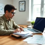 Why is self-discipline the key to becoming a good saver? A focused individual budgeting in a bright workspace.