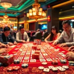 Engage with link mahjong at a luxurious casino table, showcasing vibrant tiles and players immersed in the game.