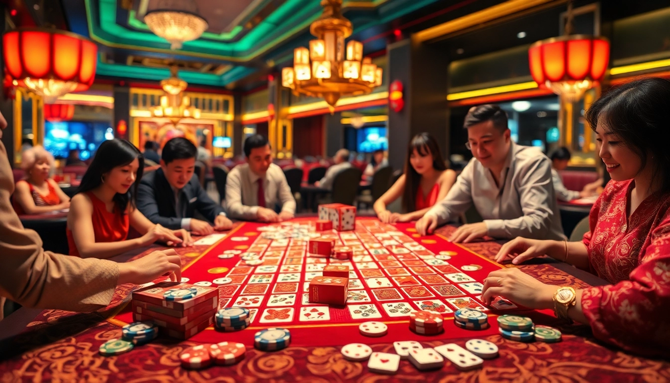 Engage with link mahjong at a luxurious casino table, showcasing vibrant tiles and players immersed in the game.