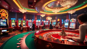 Experience the thrill of raja toto88 with an exciting casino scene featuring vibrant gaming tables and slot machines.