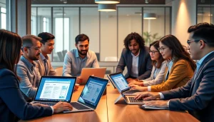 协作办公环境中，来自多元背景的专业人士在笔记本电脑上使用 WPS Office 展示 WPS 下载。