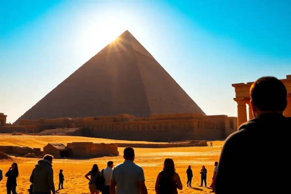 Tourists admire the iconic piraminds of Giza under the clear sky.