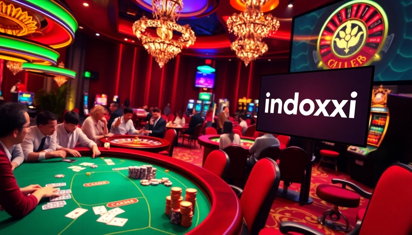 Experience the excitement of indoxxi with vibrant casino visuals showcasing poker, roulette, and slot machines.