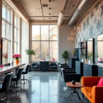 Stylish salon craiova with modern hair styling stations and natural light.