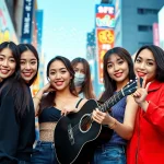 Portrait of blackpink members Jisoo, Jennie, Rosé, and Lisa in a vibrant urban setting.