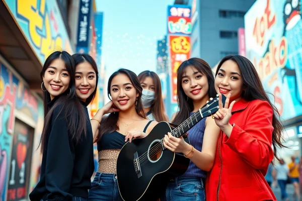 Portrait of blackpink members Jisoo, Jennie, Rosé, and Lisa in a vibrant urban setting.