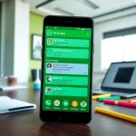 GB WhatsApp showcasing its advanced customization features on a smartphone in a modern workspace.