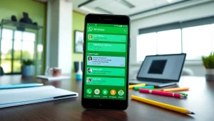 GB WhatsApp showcasing its advanced customization features on a smartphone in a modern workspace.