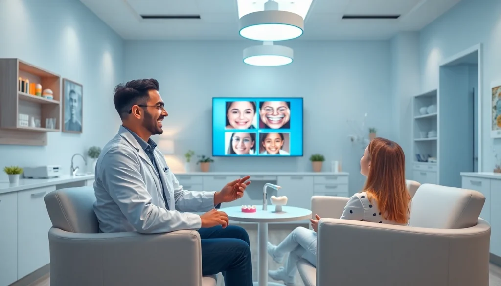 キレイライン矯正 口コミ - Modern orthodontic clinic showcasing patient consultation and smiling professional