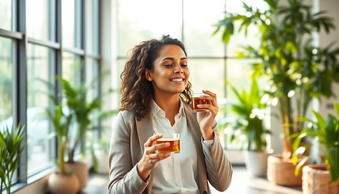 Entrepreneurs break moment with a professional in a serene office setting enjoying mindfulness.