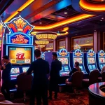 Pemain yang antusias berinteraksi dengan mesin slot deposit pulsa di lingkungan kasino mewah penuh warna-warni cerah.