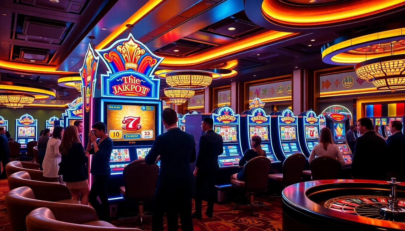 Pemain yang antusias berinteraksi dengan mesin slot deposit pulsa di lingkungan kasino mewah penuh warna-warni cerah.