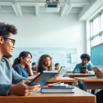 Education in a modern classroom setting with diverse students collaborating and learning together.