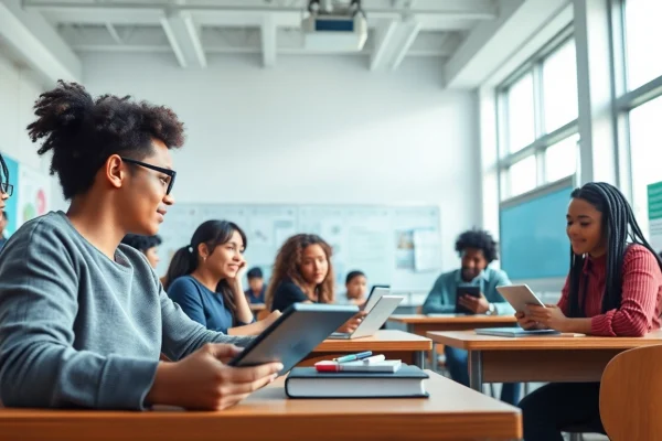 Education in a modern classroom setting with diverse students collaborating and learning together.