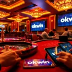 Experience the excitement of gambling with okwin at a luxurious casino table featuring vibrant roulette and poker games.