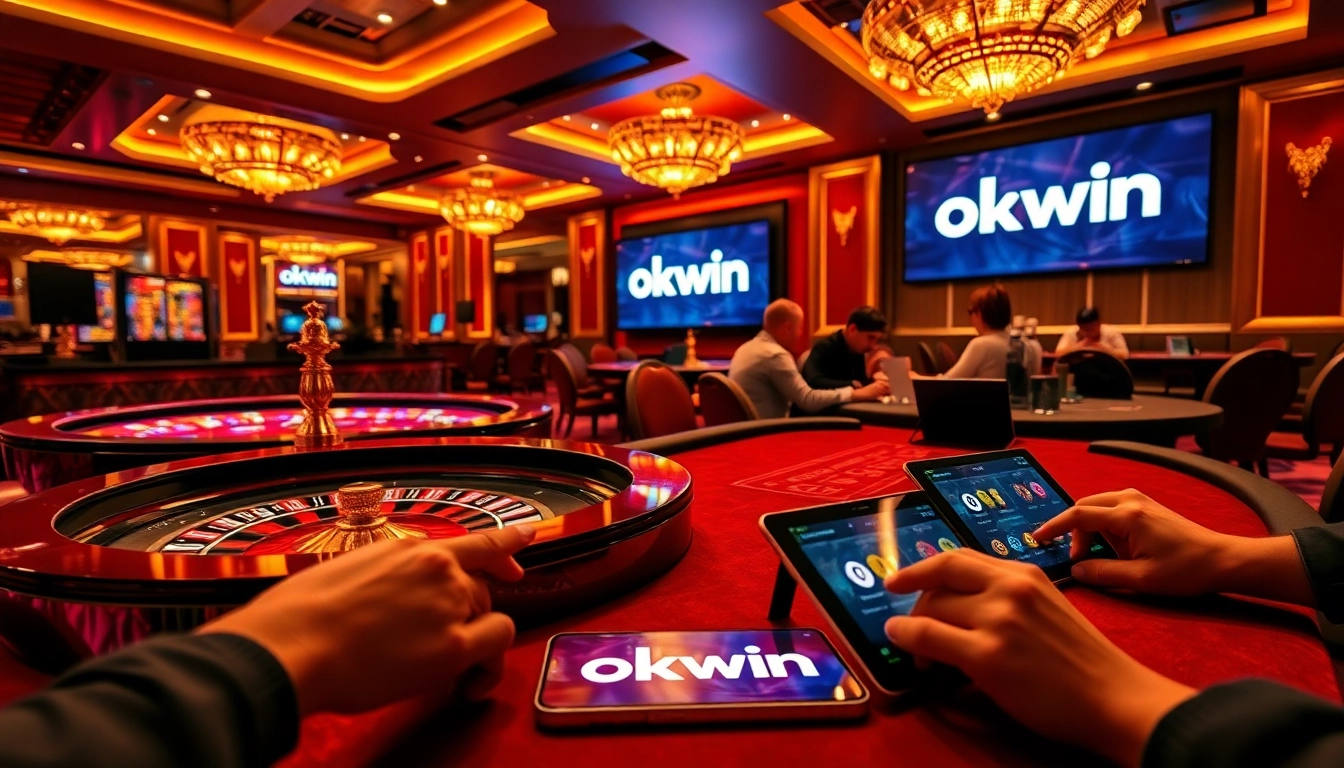 Experience the excitement of gambling with okwin at a luxurious casino table featuring vibrant roulette and poker games.