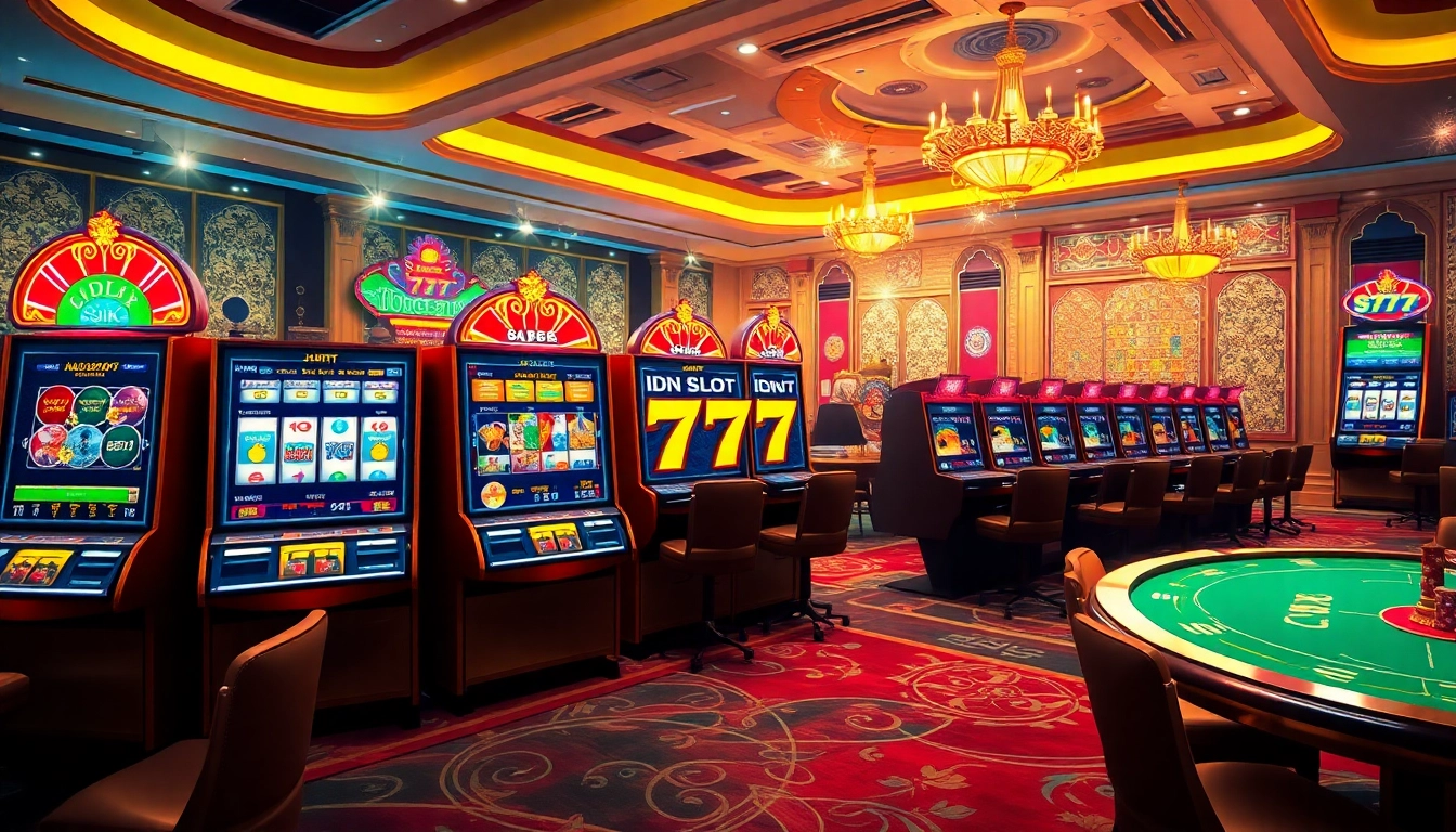IDN Slot 777 showcases an enticing online casino scene with vibrant slot machines and dynamic betting interfaces.