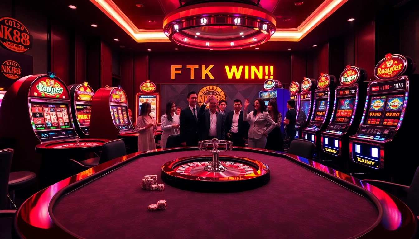 NK88 win scene showcasing players celebrating at a lively casino table with exciting games.