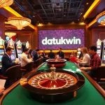 Para pemain terlibat dalam permainan kasino yang mendebarkan di datukwin, menampilkan mesin slot yang penuh warna dan roulette yang dinamis.