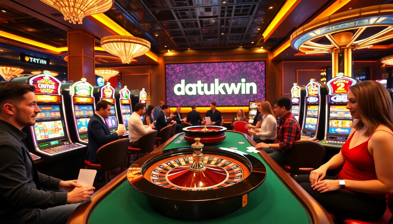 Para pemain terlibat dalam permainan kasino yang mendebarkan di datukwin, menampilkan mesin slot yang penuh warna dan roulette yang dinamis.
