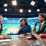 Dynamic scene of sports broadcasting with commentators discussing live games.