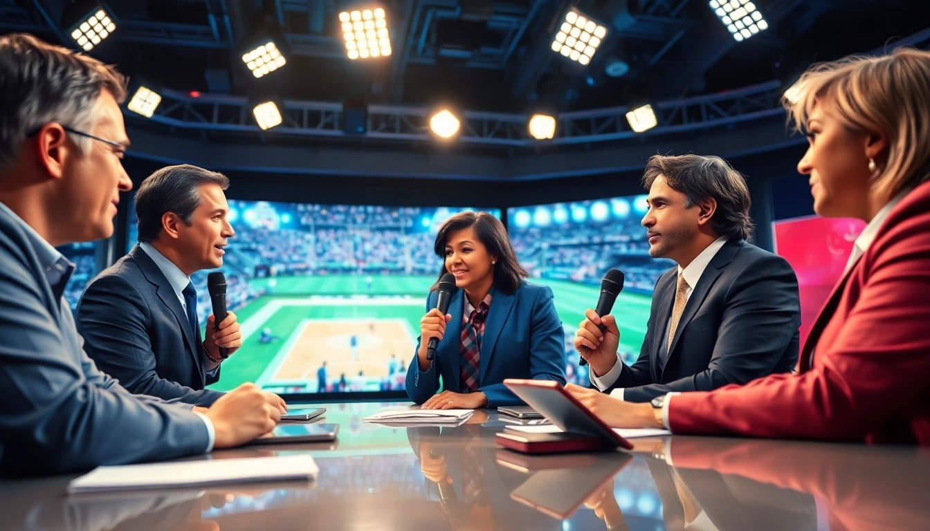 Dynamic scene of sports broadcasting with commentators discussing live games.