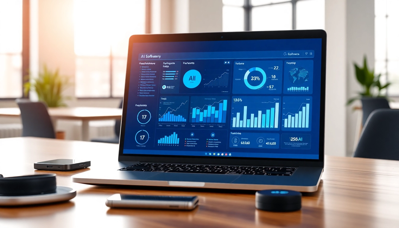 Showcasing AI Software analytics on a sleek laptop in an inspiring office setting.