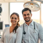 Una coppia felice con medici in un setting clinico, rappresentativa della fecondazione in vitro.
